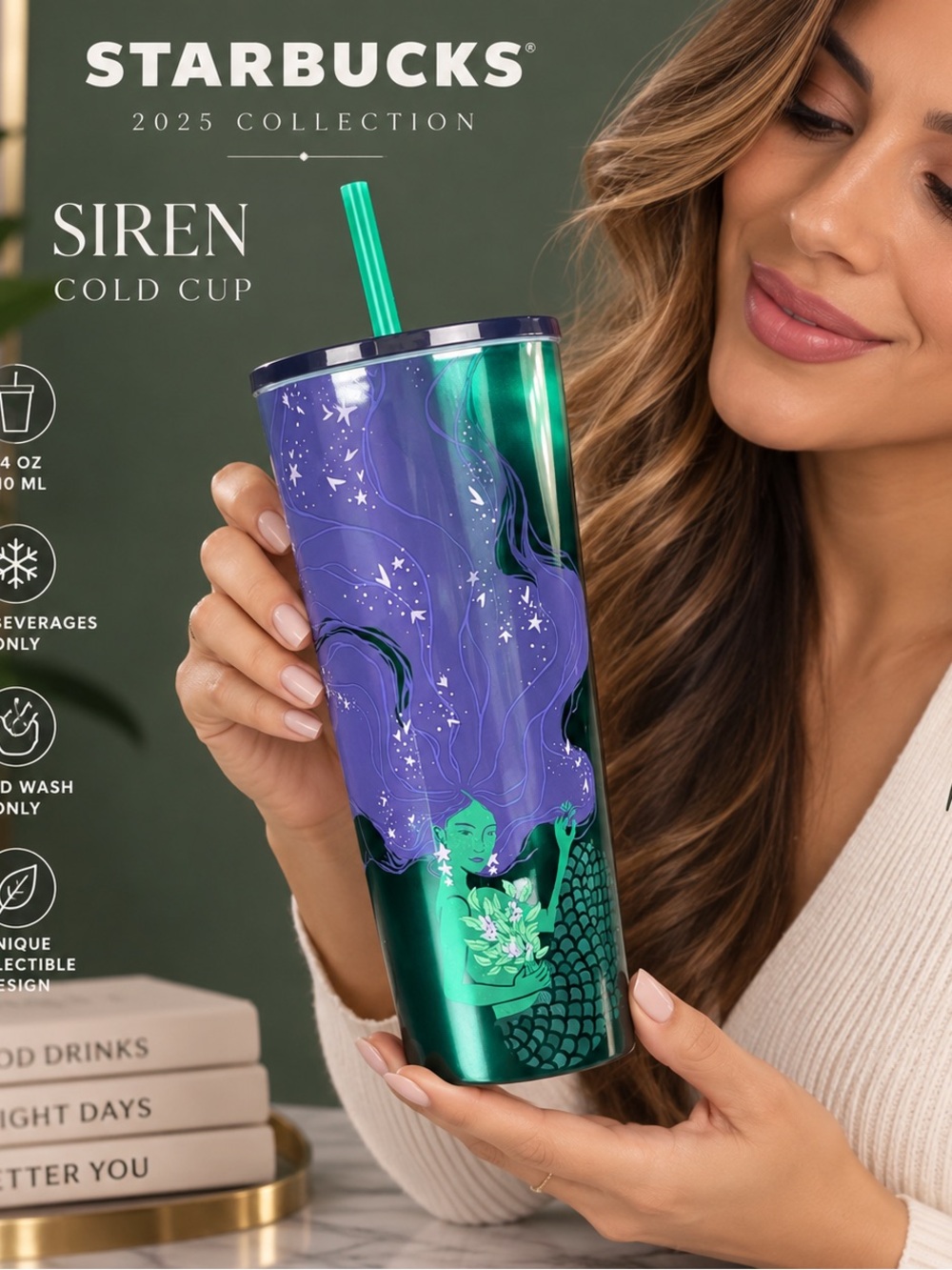 Starbucks 2025 Siren Mermaid Green Purple 24 Oz Cold Cup Tumbler w/ Straw